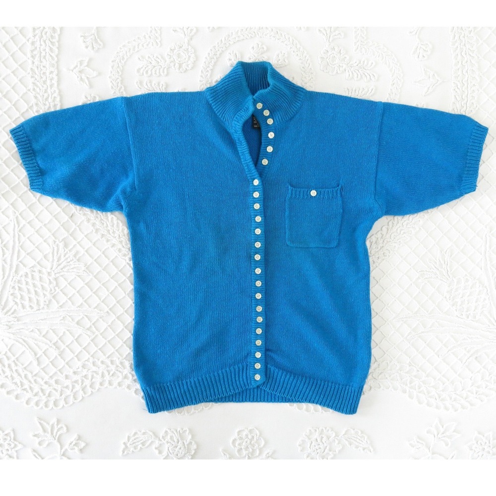 Vintage Ashleigh Morgan Blue Short Sleeve Cotton Cardigan Sweater Large Buttons!
